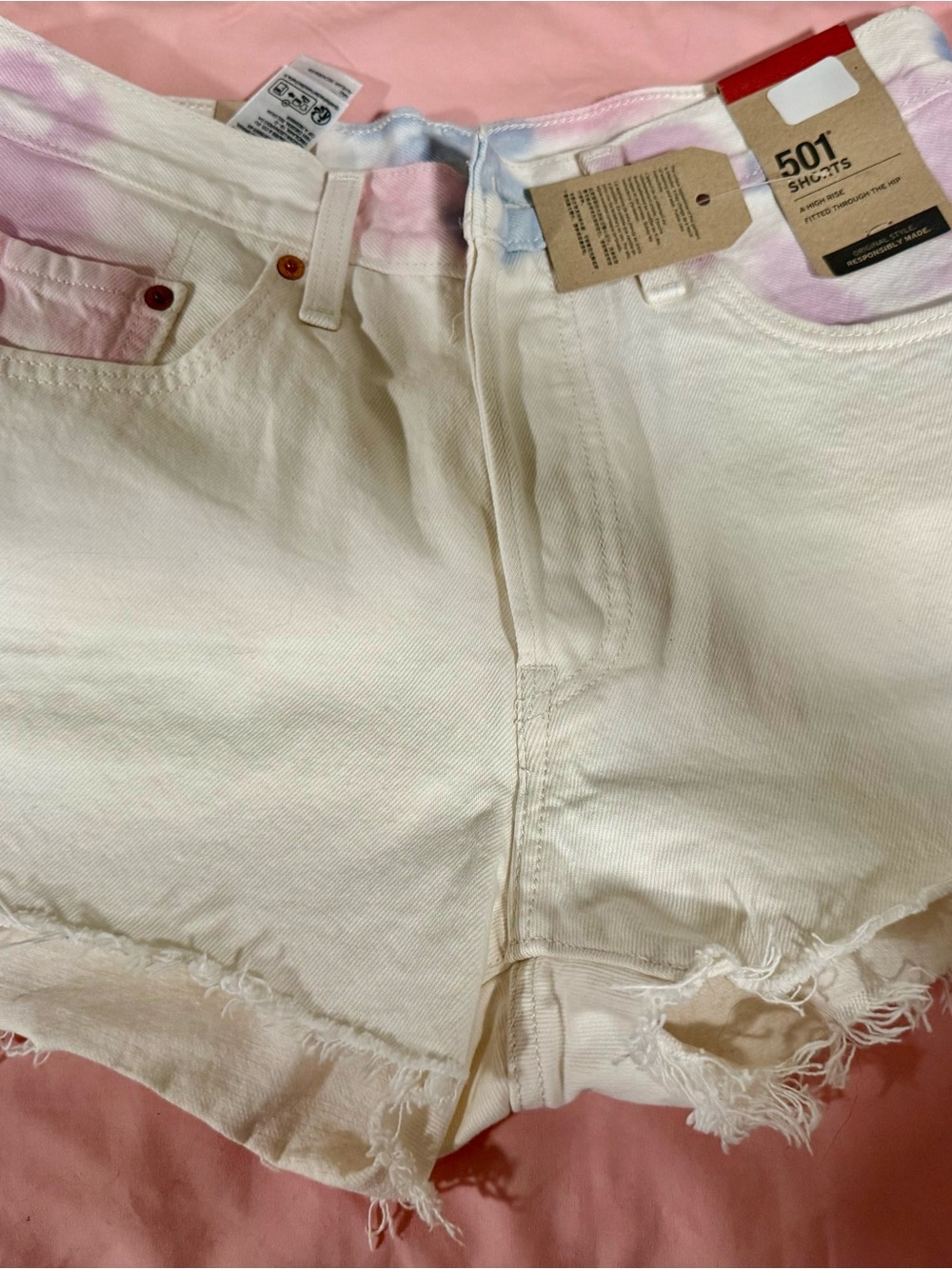 Levi's Cream High-Waist Denim Shorts with Pink & Blue Tie-Dye Waist